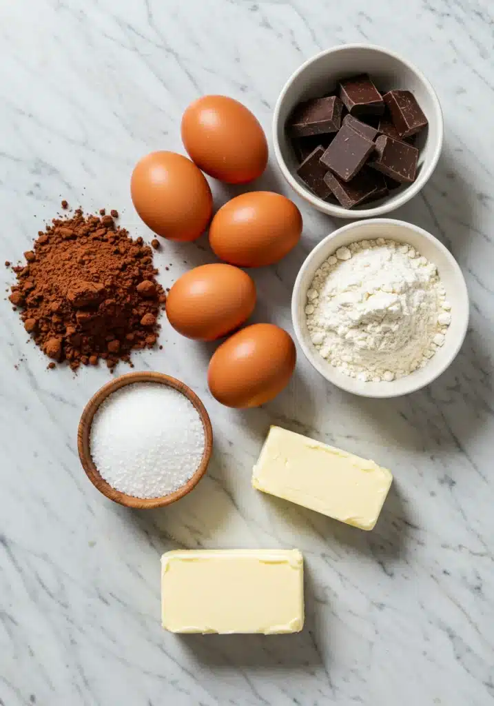 Flat lay of baking ingredients for chocolate brownie cookies