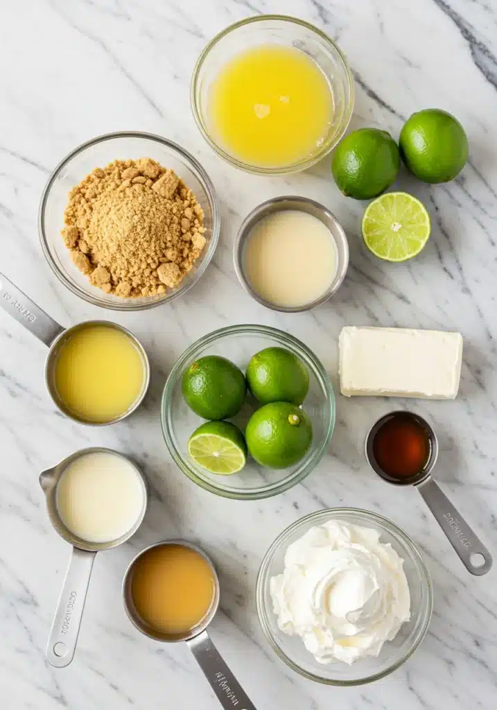 Flat lay of ingredients for key lime pie jars including crushed graham crackers