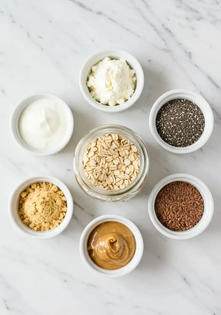 Flat lay of small bowls containing Greek yogurt, whey protein powder, chia seeds, flax seeds, and almond butter