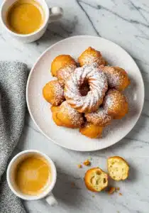 Overhead hero shot of zeppole stacked on a simple white plate, dusted with powdered sugar