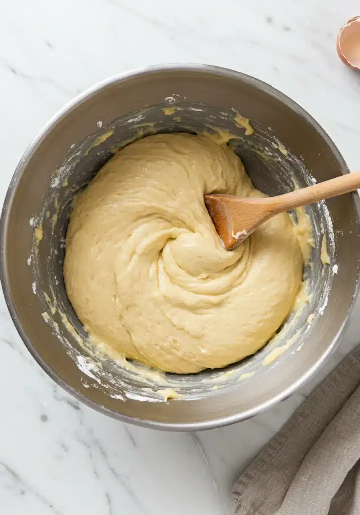Overhead shot of zeppole dough in a mixing bowl with a wooden spoon resting on the side