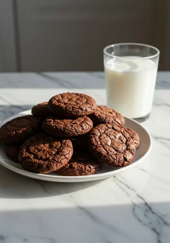 Stack of rich, fudgy chocolate brownie cookies on a clean white marble countertop
