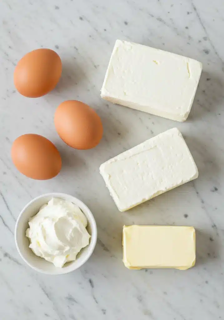 Raw ingredients for a carnivore cheesecake eggs, full-fat cream cheese blocks, sour cream, butter