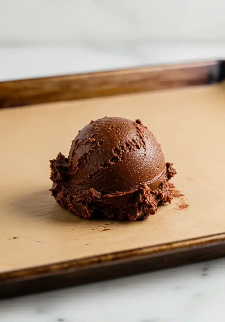 Scoop of chocolate brownie cookie dough on a parchment-lined baking sheet