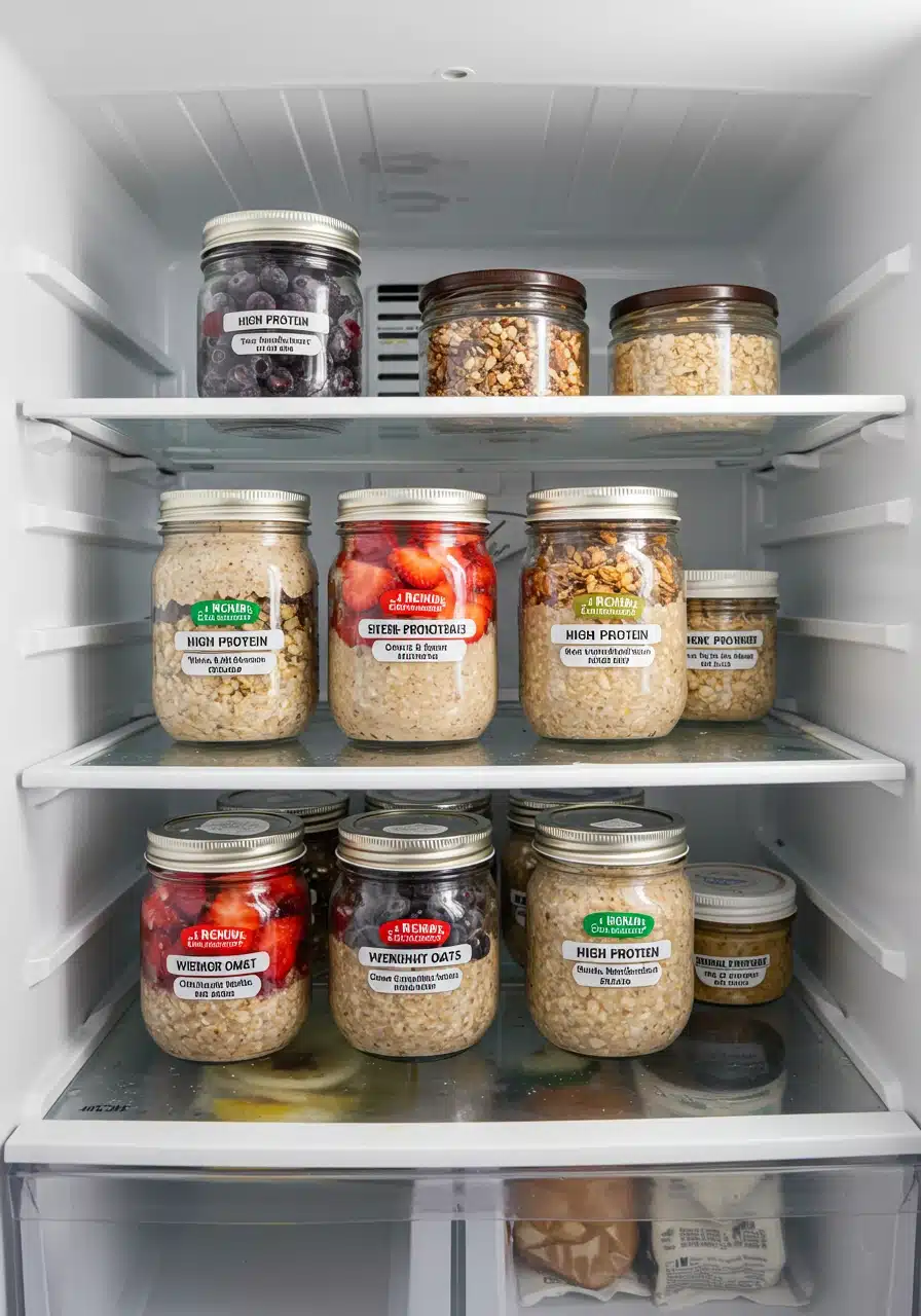 Several labeled meal prep jars of high-protein overnight oats stacked in a refrigerator