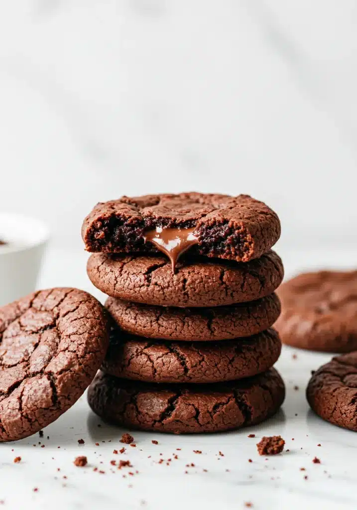 Stack of rich, fudgy chocolate brownie cookies on a clean white marble countertop