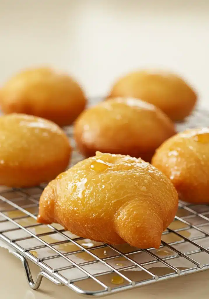 Zoomed-in photo of golden-brown zeppole draining on a wire rack