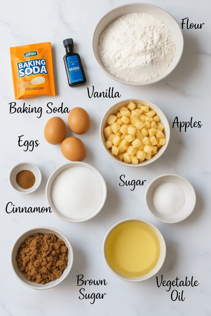 all ingredients for Amish apple cake laid out on a marble surface