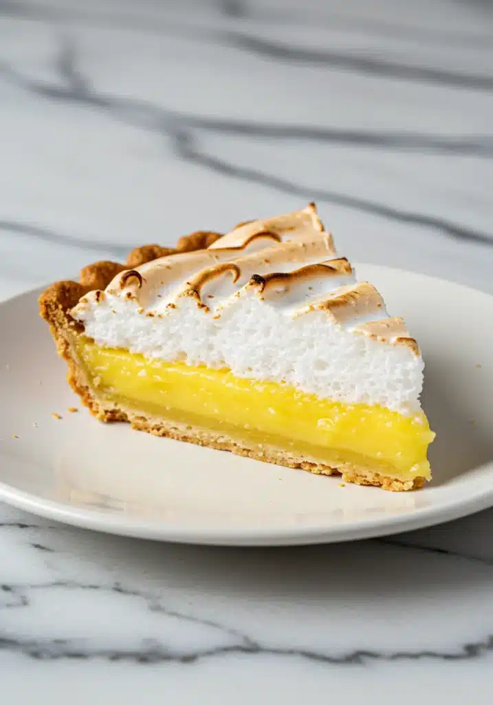 close-up side angle of a slice of lemon meringue pie placed on a simple white plate (2)
