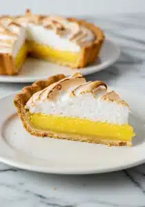 close-up side angle of a slice of lemon meringue pie placed on a simple white plate