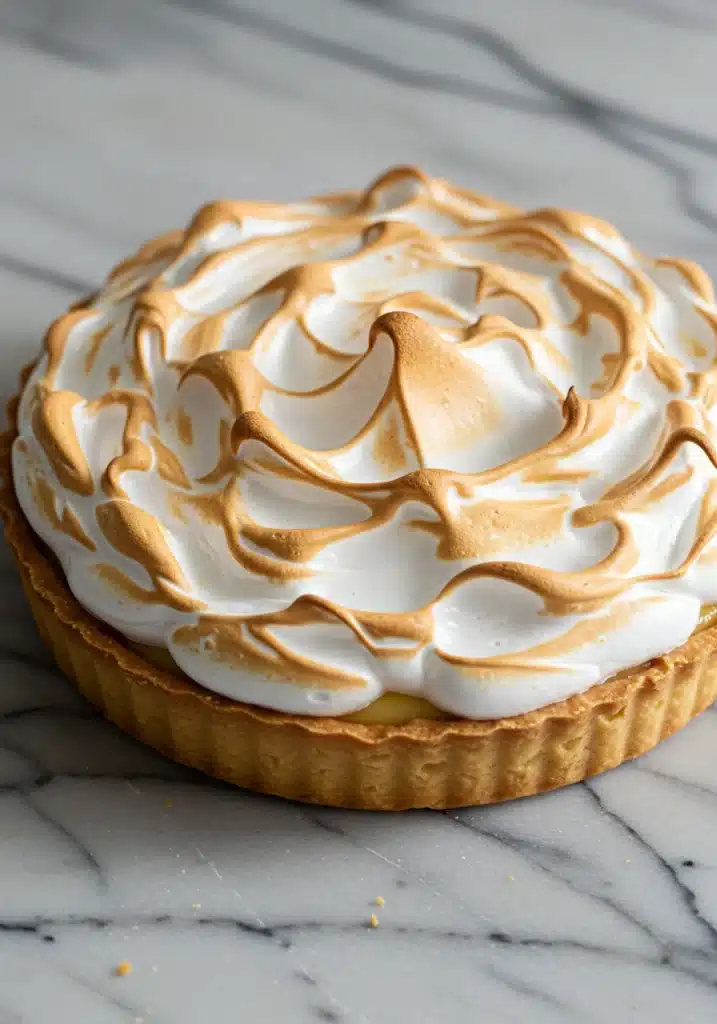 image of a whole lemon meringue pie on a marble surface.
