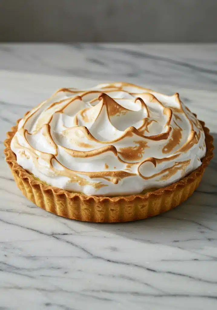image of a whole lemon meringue pie on a marble surface. 