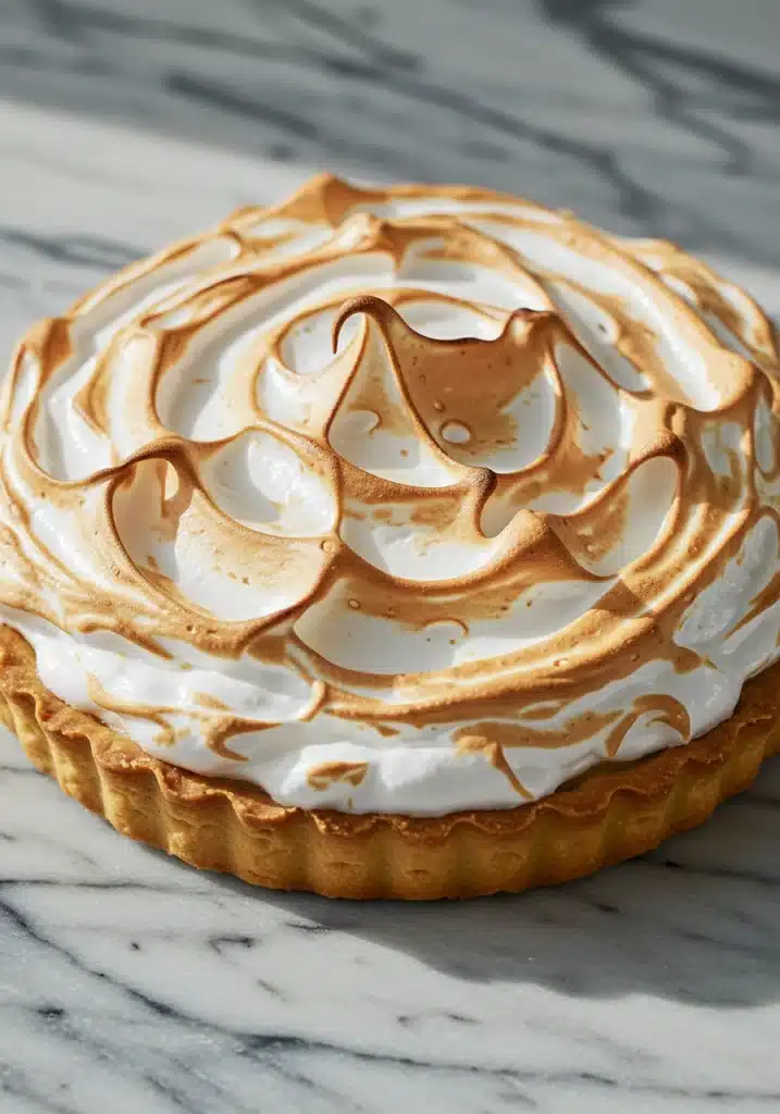 image of a whole lemon meringue pie on a marble surface. 