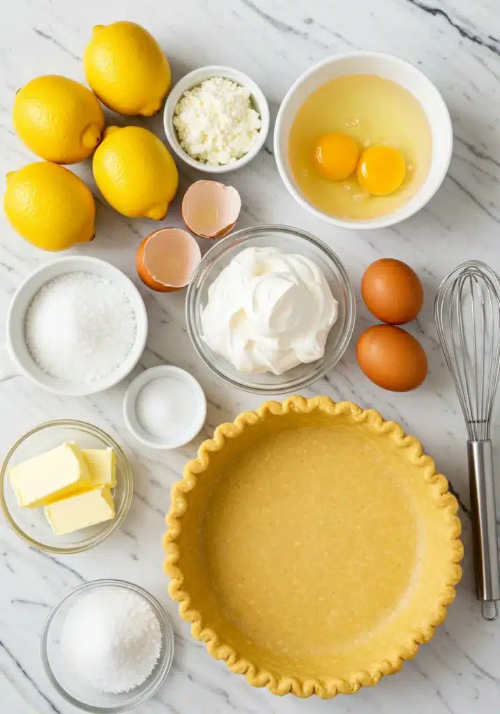 ingredients of Lemon Meringue Pie Include lemons, eggs, sugar, cornstarch, butter, pie crust dough, and a whisk