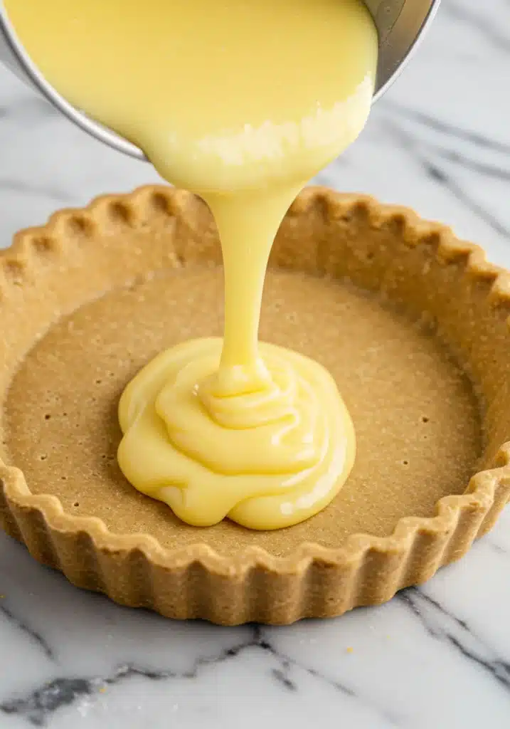 zoomed-in image of silky lemon filling being poured into a blind-baked pie crust